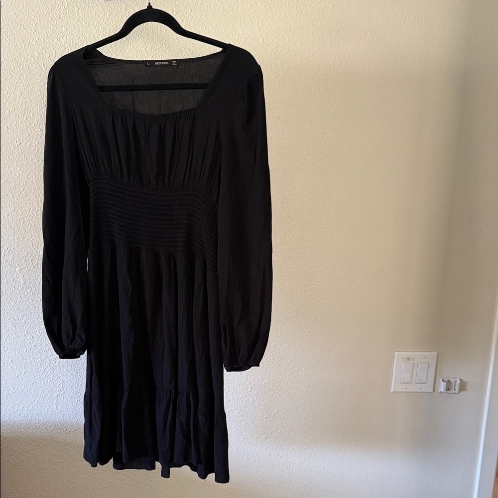 Long-Sleeve Black Scoop Neck Tiered Dress